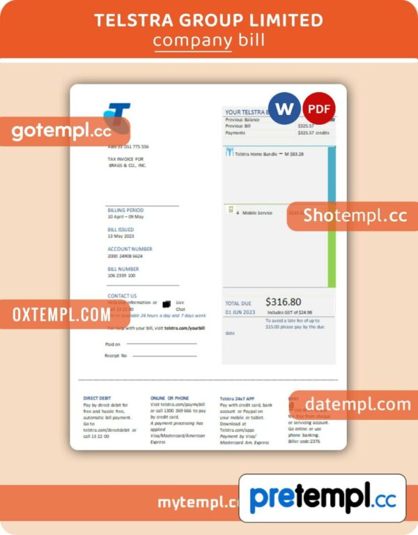 Telstra Group Limited telecommunications business utility bill, PDF and WORD template