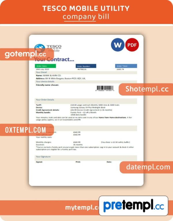 Tesco Mobile business utility bill, Word and PDF template, 2 pages