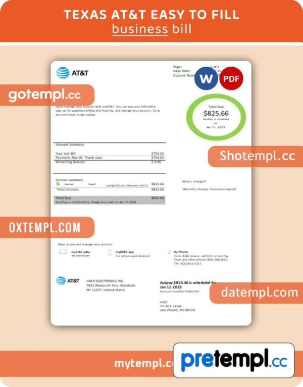 Texas AT&T easy to fill business utility bill, Word and PDF template
