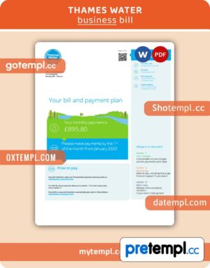 Thames Water business utility bill, Word and PDF template, 2 pages