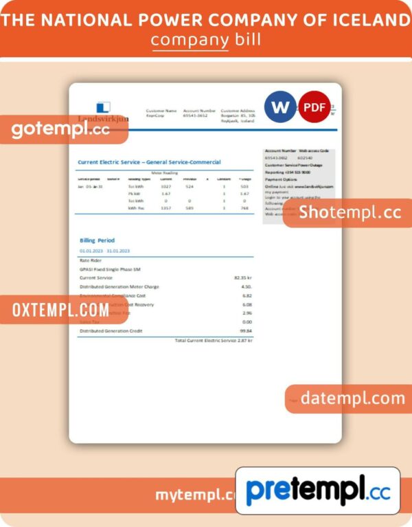 The National Power Company of Iceland Landsvirkjun electricity business utility bill, Word and PDF template