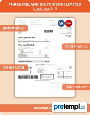 Three Ireland (Hutchison) Limited business utility bill, PDF and WORD template
