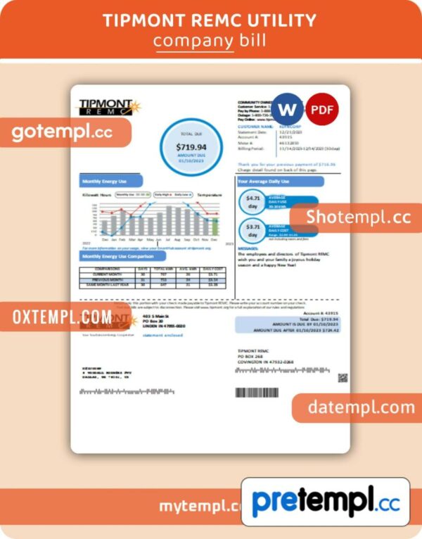 Tipmont REMC business utility bill, Word and PDF template, 2 pages