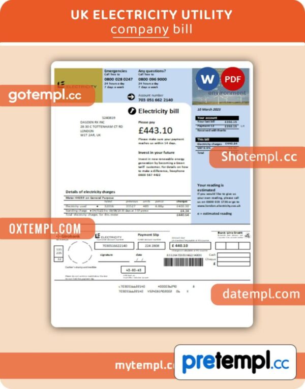 UK Electricity business utility bill, Word and PDF template