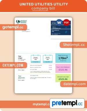 United Utilities business utility bill, Word and PDF template