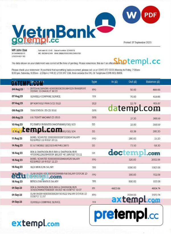 Vietin Bank firm account statement Word and PDF template