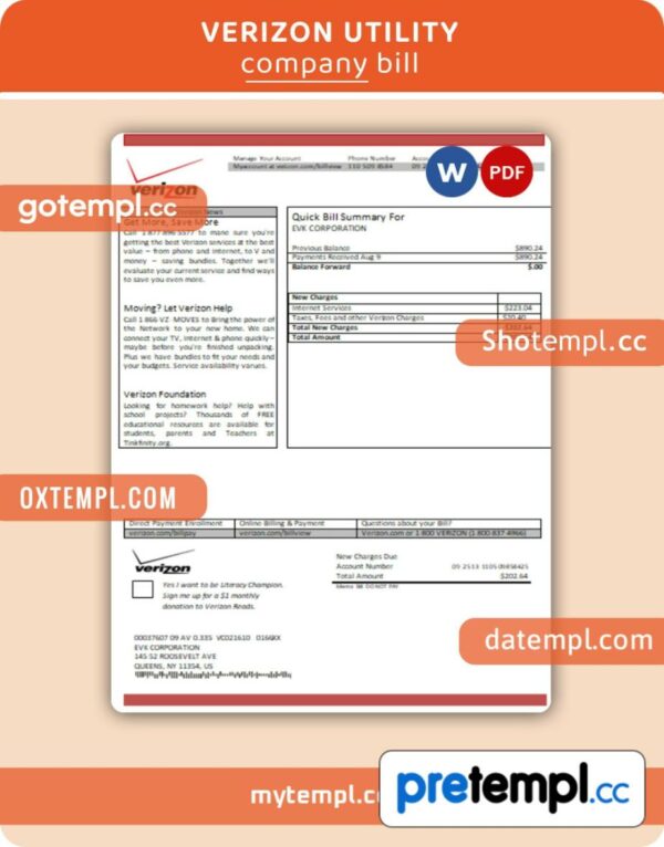 Verizon business utility bill, Word and PDF template, 2 pages
