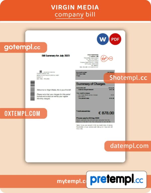 Virgin Media business utility bill, Word and PDF template