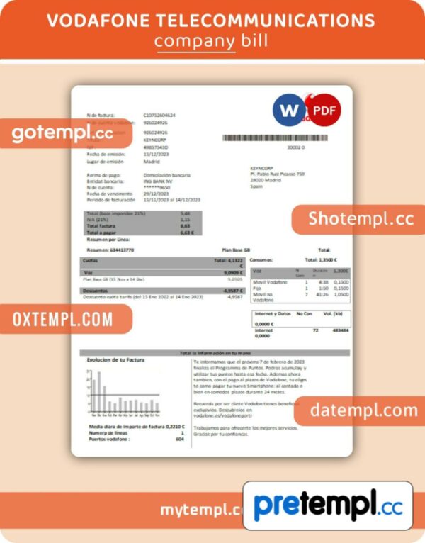 Vodafone telecommunications business utility bill, Word and PDF template
