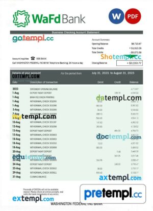 Washington Federal Inc Bank business checking account statement Word and PDF template
