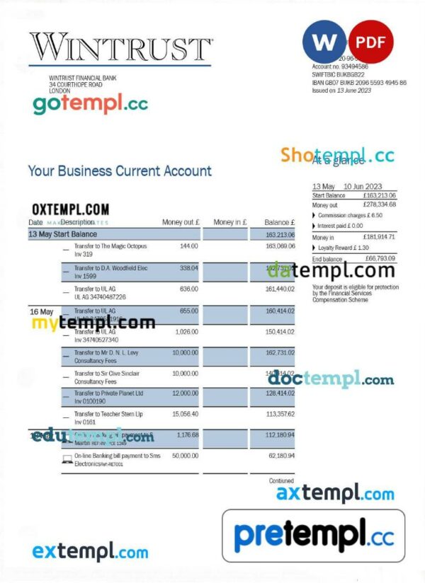 Wintrust Financial Bank enterprise account statement Word and PDF template