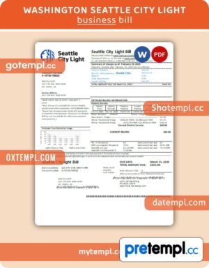 Washington Seattle City Light business utility bill, PDF and WORD template