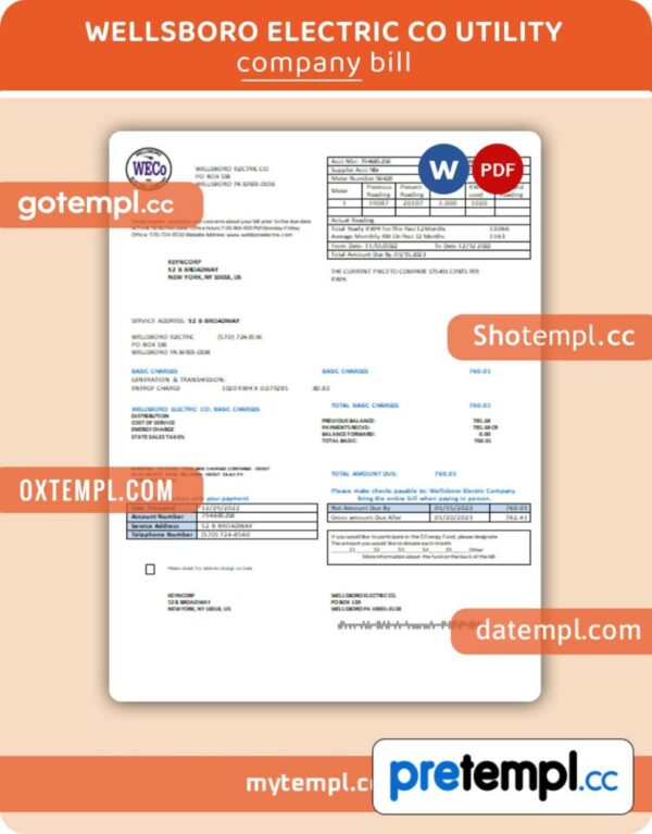 Wellsboro Electric Co  business utility bill, Word and PDF template, 4 pages, version 3