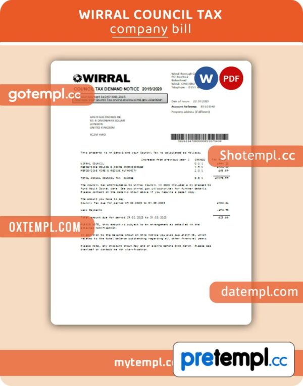 Wirral council tax business bill, Word and PDF template, 4 pages, version 3