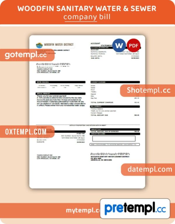 Woodfin Sanitary Water & Sewer District  business utility bill, Word and PDF template