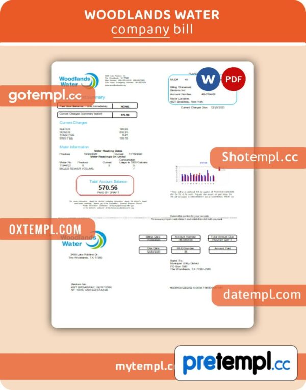 Woodlands Water business utility bill, Word and PDF template