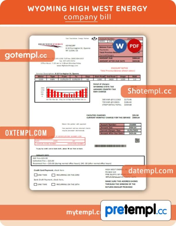 Wyoming High West Energy business utility bill, Word and PDF template, 2 pages