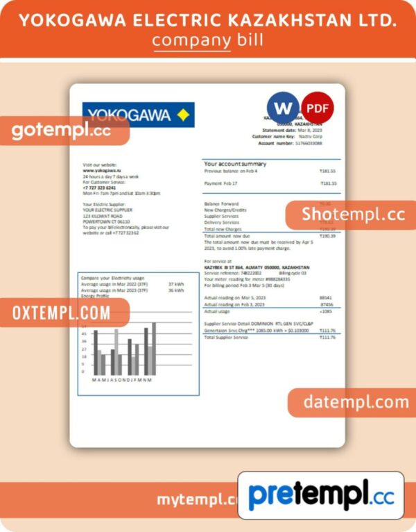 Yokogawa Electric Kazakhstan Ltd. business utility bill, Word and PDF template