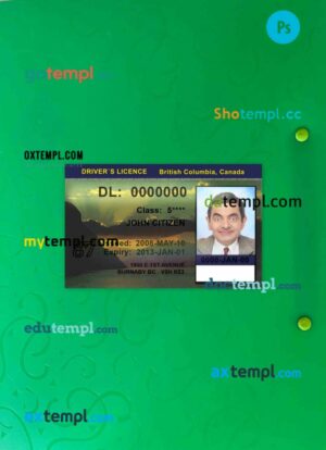 Canada British Columbia driving license editable PSD files, scan look and photo-realistic look, 2 in 1
