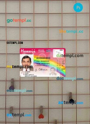 Hawaii driving license PSD files, scan look and photographed image, 2 in 1