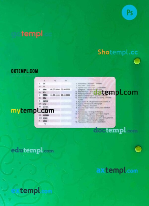 Kyrgyzstan driving license editable PSD files, scan look and photo-realistic look, 2 in 1 (2019-present) - Image 2