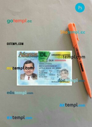 USA Arkansas driving license editable PSD files, scan look and photo-realistic look, 2 in 1 (version 2)