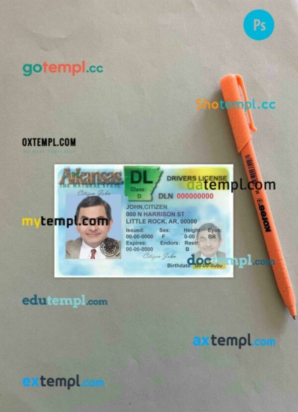 USA Arkansas driving license editable PSD files, scan look and photo-realistic look, 2 in 1 (version 2)