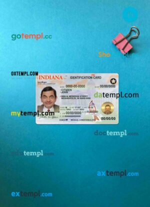 USA Indiana ID card editable PSD files, scan look and photo-realistic look, 2 in 1