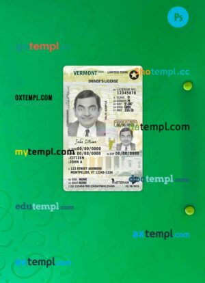 USA Vermont driving license editable PSD files, scan look and photo-realistic look, 2 in 1, under 21