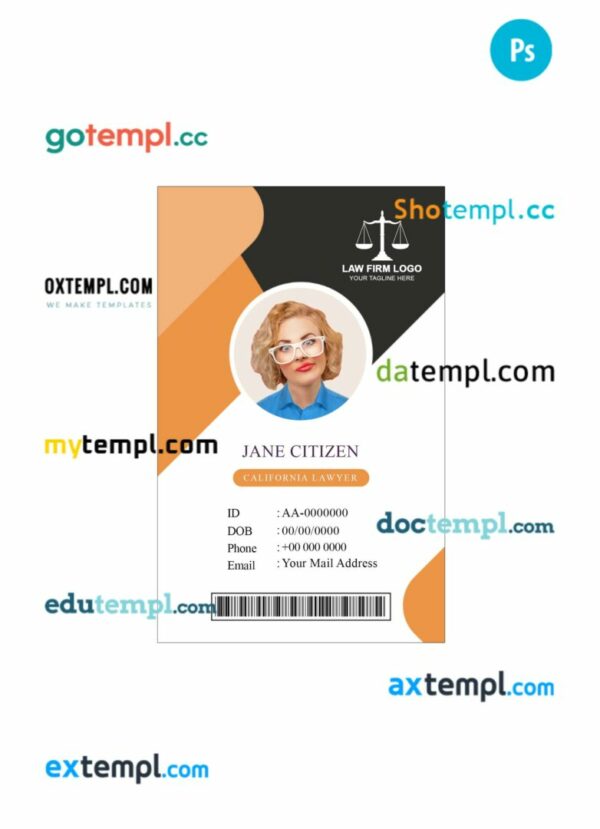 California lawyer ID card PSD template, version 3