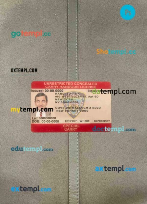 USA New York unrestricted concealed carry license editable PSD files, scan look and photo-realistic look, 2 in 1
