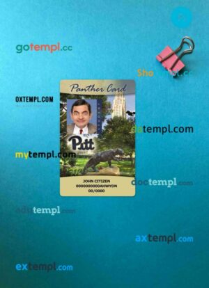 USA The University of Pittsburgh Student ID card, Panther card PSD files, scan and photo taken image, 2 in 1