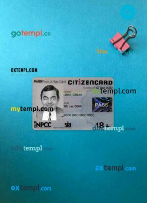 United Kingdom Pass CitizenCard (proof of age card) PSD files, scan look and photographed image, 2 in 1