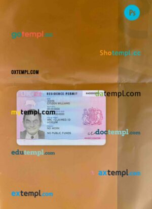 United Kingdom residence permit PSD files, scan and photo taken image, 2 in 1 (version 2)