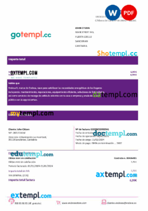 Spain Barcelona Endesa X electricity utility bill Word and PDF formats