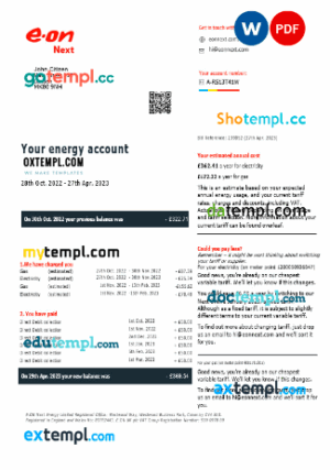 United Kingdom Eon gas and electricity utility bill in Word and PDF formats, version 7