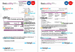 United Kingdom First gas and electricity utility bill in Word and PDF formats, 6 pages