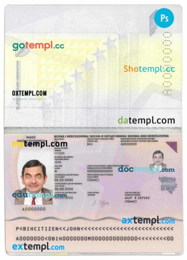 Bosnia & Herzegovina passport editable PSD files, scan and photo look templates, 2 in 1 - Image 2