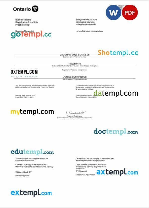 Canada Ontario certificate of business registration Word and PDF template