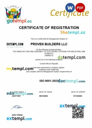 Central African Republic business registration certificate Word and PDF template