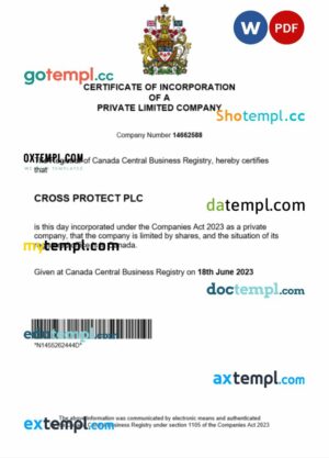 Canada business registration certificate Word and PDF template