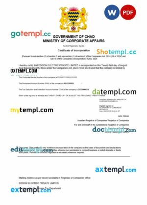 Chad business registration certificate Word and PDF template