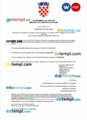 Croatia business registration certificate Word and PDF template