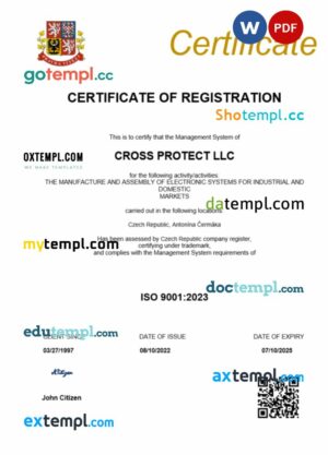 Czech Republic business registration certificate Word and PDF template