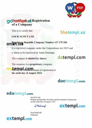 Dominican Republic business registration certificate Word and PDF template