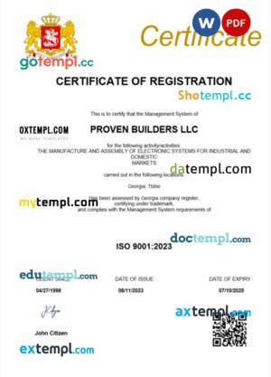 Georgia business registration certificate Word and PDF template