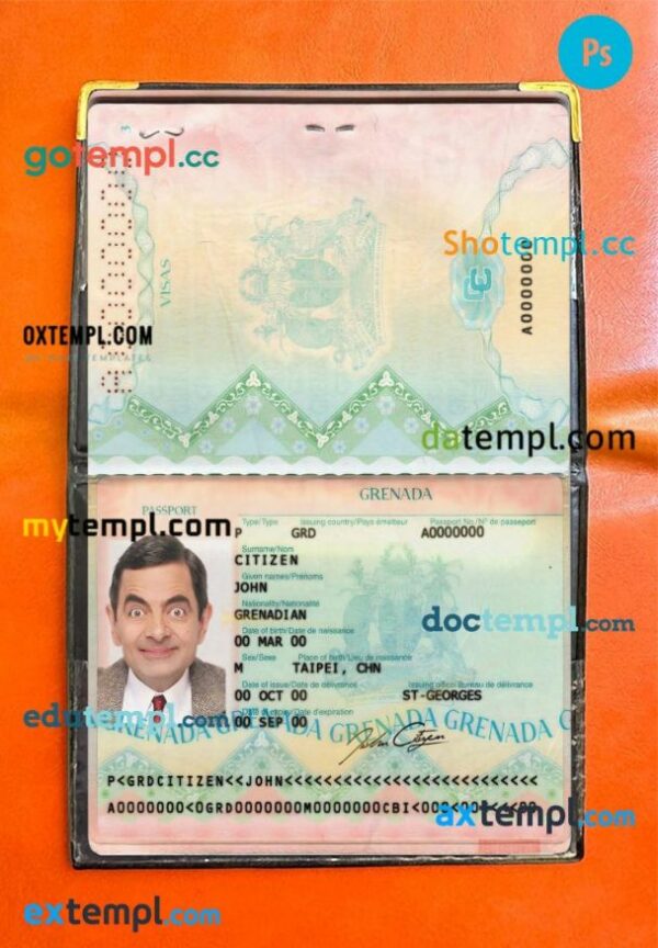 Grenada passport editable PSD files, scan and photo taken image, 2 in 1