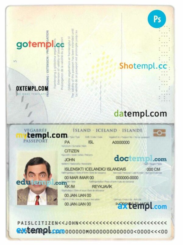 Iceland passport editable PSD files, scan and photo taken image, 2 in 1 - Image 2