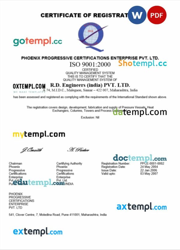 India PPCE certificate of registration Word and PDF template