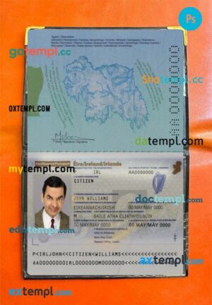 Ireland passport editable PSD files, scan and photo look templates, 2 in 1
